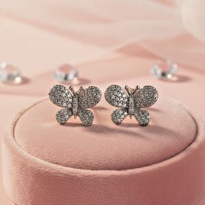 Sterling Silver CZ Butterfly Stud Earrings 925 New 0.5”